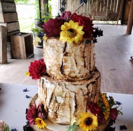 Rustic wood bark and sunflowers