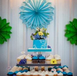Tiffany Blue/white with cutting cake